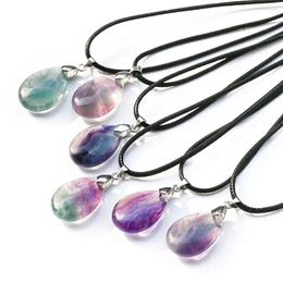 Chains Natural Crystal Colourful Fluorite Water Drop Pendant Necklace For Women Party Jewellery Gift