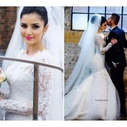 Tradional långärmad muslimska brudklänningar spetsar applikationer blygsamma sjöjungfru bröllopsklänningar klänning islamiska arabiska dubai vestido de noiva 0510