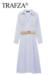 Casual Dresses TRAFZA Women Blue Striped Shirt Dress With Belt Long Sleeve Single Breasted Lapel Summer Elegant Woman