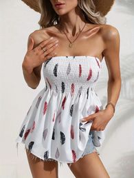 Women's Tanks 2024 Women Sexy Tube Top Summer Feather Print Strapless With Ruffle Details And Fuffle Hem Fashion Clothing