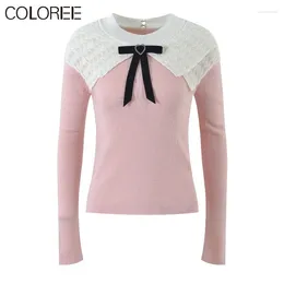 Women's Sweaters Korean Fashion Clothing Women Elegant Bow Pink Knitted Sweater Mujer O-neck Lace Patchwork Pull Femme Hiver 2024
