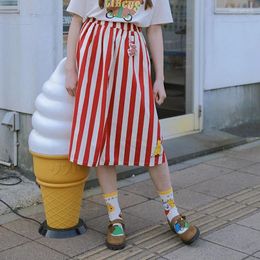 Skirts Harajuku Summer Women's A-line Skirt Red Stripes Calf-length Original Niche Cartoon Bear Female Cotton Midi Elastic Waist