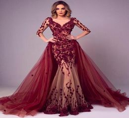 Fabulous Mermaid Lace Evening Dresses With Detachable Train Long Sleeves V Neck Plus Size Formal Dress Appliqued Beaded Prom Gowns9593946