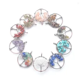 Pendant Necklaces 2024 Natural Chips Stone Tree Of Life Pendants Round Chakra Copper Wire Wrapped Charms Amulet Reiki Jewellery 10Pcs ABN413