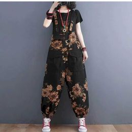 Women's Jumpsuits Rompers Denim Jumpsuits for Women Harem Pants Floral Printed One Piece Outfit Women Rompes Loose Korean Style Casual Vintage Playsuits Y240510