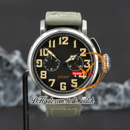 New TYPE 20 45mm 11.2430.4069/21.C773 Quartz Chronograph Mens Watch Big Crown Black Dial Vintage Steel Case Green Leather Strap Gents Watches HelloWatch ZP-ZH-Z01C