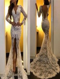 Vinatge Long Sleeves Mermaid Prom Dresses Sexy Backlesss Arabic Design Evening Gown Cheap Full Lace Formal Party Pageant Bridesmai2187462