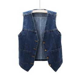Denim Sleeveless Vest Womens Button Down Jean Jacket V Neck Casual Fashion Coats Female Pockets 240430