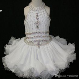 Elegant White Cupcake Toddler Pageant Dresses Halter Beaded Princess Gown First Holy Communion Short Flower Girl Gowns for Wedding Part 172M