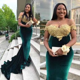 Elegant Prom Green Veet Gold Lace Top Evening Dresses Off Shoulder Mermaid Pageant Party Gowns 0510