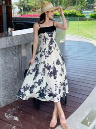 Casual Dresses Spaghetti Strap Midi Long Dress Summer 2024 Korean Print Elegant Fashion Sexy Sleeveless Women Evening Vestidos Clothes