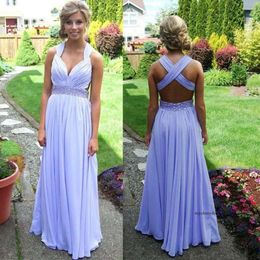 Lavender Prom 2019 Spring A-Line Crisscross Straps Back Sweep Train Crystal Beads Chiffon Backless Formal Evening Dresses M8 0510