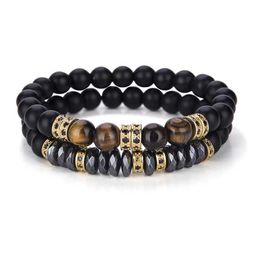 Charm Bracelets Luxury 2Pcs/Set Men Zircon Bracelet Black Onyx Stone Beads Braslet Natural Hematite Tiger Eyes Braclet Armband Herren Pulseria Y240510