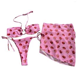 Women's Swimwear Three Piece Mesh Strawberry Cute Bikini Swimsuit Fresh Drawstring Lace Up Beach Split Body Sporty