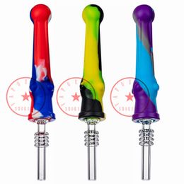 Colorful Silicone Pipes Filter Handpipes Cigarette Holder 14mm Joint Quartz Glass Dabber Tips Portable Waterpipe Smoking Oil Rigs Straw Hand Tube Mouthpiece