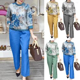 Women's Two Piece Pants Spring Summer Fall Women Suit Floral Print T-shirt Set With Three Quarter Sleeves Loose Fit Wide Legs For