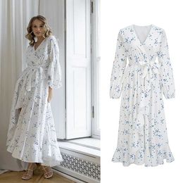 Basic Casual Dresses 2024 New Spring Summer Long Slves Floral Dresses Womens Casual Dress Puffy V Neck Smocked Tiered Ruffle Dresses T240508