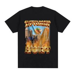 Gluten Makes My Tummy Hurt Funny Meme Graphic T-Shirt Men Fashion Vintage Short Sleeve T-shirts Cotton Casual Oversized T Shirts 240423