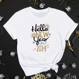 Women's T-Shirt Short Slves Pure Cotton Tops Strwear Hello 2024 Print Women T-shirt Happy New Year Party Female Outfit Winter Holiday T Y240509