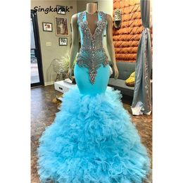 Long Blue Prom -klänningar 2024 Sparkly Diamond Crystal Rhinestones Beading Tiered Ruffle Birthday Party Evening Gown Vestidos