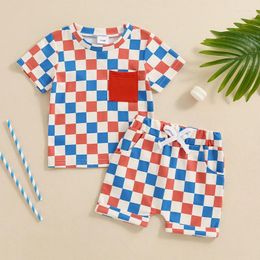 Clothing Sets FOCUSNORM 0-3Y Toddler Baby Boys Summer Clothes 2pcs Short Sleeve Checkerboard Pocket Round Neck T-Shirts Tops Shorts