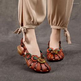 Casual Shoes Birkuir Retro Woven Closed Toe Women Sandals Flowers Thick Heel Luxury Summer Hollow Out Genuine Leather Ladies