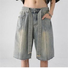 Women's Shorts Belt Drawstring Design Wide Leg Retro Denim Unisex Style Capris Summer Female High Waist Loose Short Jeans