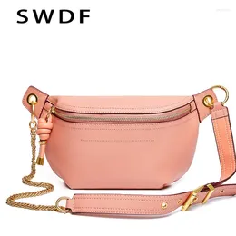 Waist Bags SWDF 2024 Genuine Leather Women Luxury Shoulder Bag Chain Belt Crossbody Female