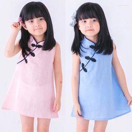 Girl Dresses 2024 Summer Girls Solid Colour Cotton Linen Cheongsam Korean Version Style Kids Casual Dress Chinese Wind Skirt