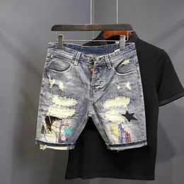 ripped denim shorts mens summer Korean version trend social spirit guy handsome ins five-point pants medium pants 240508