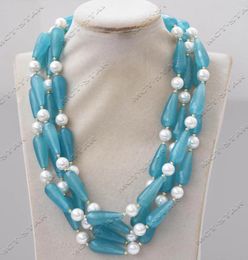 Pendant Necklaces Z13249 4Row 20" Blue Faceted Drop Jade Round White Shell Pearl Necklace Custom Jewellery