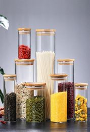 Transparent Glass Food Storage Canisters Corks Cover Jars Bottles for Sand Liquid EcoFriendly With Bamboo Lid Whole291L4563459