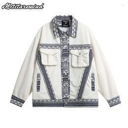 Men's Jackets High Street National Pattern Spliced Casual Fashion Loose Oversize Coat Multi-pockets Streetwear In Outerwears