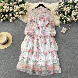 Casual Dresses France Runway Fashion Autumn Mesh Flower Midi Dress Elegant Women Long Sleeve Ruffles Printed High Waist Holiday Tulle