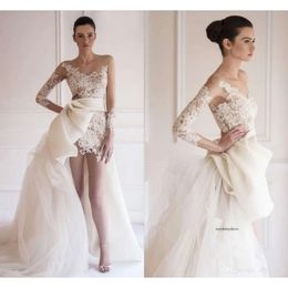 Delicati pizzo corto con gonna staccabile Abiti da sposa a maniche lunghe Abiti da sposa Abiti da sposa Illusione Tulle Personalizza 0510