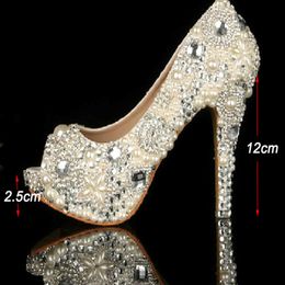 Unique Ivory Pearl Rhinestone Wedding dress Shoes Peep Toe High Heeled Bridal Shoes Waterproof Woman Party Prom Shoes Size 34-43 Platfo 270A