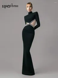 Casual Dresses Sexy Women's Black Maxi Bandage Dress Standing Neck Long Sleeve Diamond Backless Bodycon Cocktail Evening Party