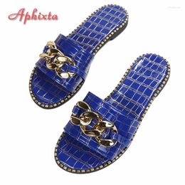 Slippers Aphixta 2024 Summer Women Slides Gold Chain Flat Heel Pattern Shoes Outdoor Open Toe Flip Flops Sandals Plus Size 42