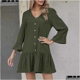 Basic Casual Dresses Long Sleeve Shirts Dress Women Plain Solid Midi Buttons Ruffles Hem A-Line Lady Swing T-Shirt Loose Vestidos Drop Dhqbe