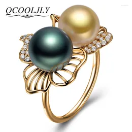 With Side Stones QCOOLJLY Double Imitation Pearls Crystal Engagement Rings For Women Gold Colour Flower Cubic Zirconia Jewellery Anel Bijoux