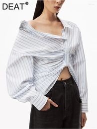 Women's Blouses Fashion Stripe Shirt Lapel Long Sleeves Single Breasted Irregular Folds Designer Slim Blouse Spring 2024 7AB223