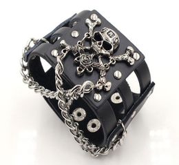 Unisex Rock Rivet Wide Cowhide Skull Bracelet Punk Leather Hollow Cuff Bangle Black Leather Dance Bracelet8771877