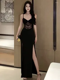 Casual Dresses Sexy Black Lace Maxi Dress For Women Hollow Out Split Bodycon Camisole Vintage Evening Party Club Fashion Spring Autumn