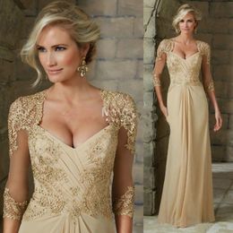 2022 Elegant Chiffon Mother of the Bride Dresses long Sleeves Champagne Appliques Lace Formal Evening Gowns Plus Size Custom Made 236b