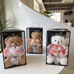 Decorative Flowers Rose Flower And Bear Gift Box Transparent Packaging Party Wedding Decoration Valentine's Day For Girlfriend Home Decors
