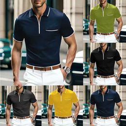 Men's T-Shirts 2023 Summer New Trend Solid Colour Mens Zipper Polo Shirt Loose Casual Pocket Mens Sports Polo Shirt J240509