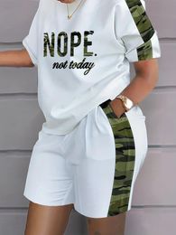 Plus Size Outfits Two Piece Set Womens Plus Letter Print Contrast Panel Short Sleeve Tee Shorts Outfits 2 Piece Set 240509