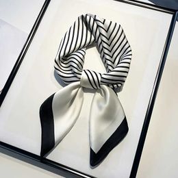 Scarves Square imitation silk scarf with black and white striped headband suitable for womens multifunctional silk feel collar Q240509