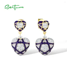 Dangle Earrings SANTUZZA Real 925 Sterling Silver Stud For Women Sparkling White CZ Blue Heart To Enamel Wedding Fine Jewelry Set