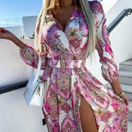 Sexy V Neck Slit Midi Dress Woman Spring Summer Fashion Elegant Long Sleeve Lace Up Flower Floral Print Dresses For Women 2023 240509